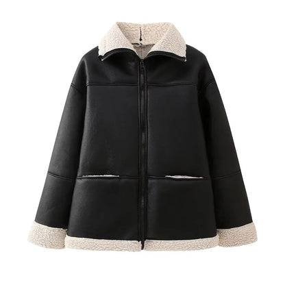 Black Faux Leather Charming Fur Lining Coat