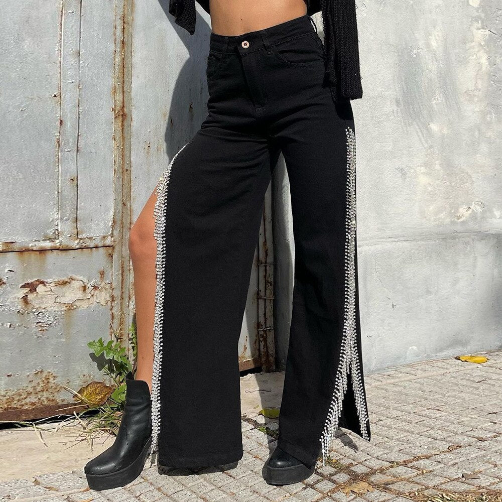 Warm-Season Y2K Cargo Split Black Long Leg Waisted Side Out Wide Pants Loose Women's High Streetwear Casual Baggy Jeans