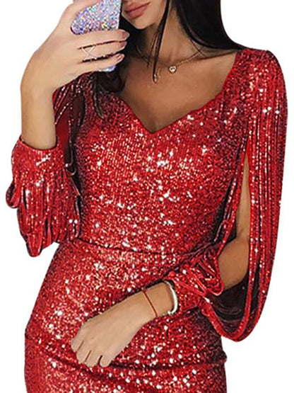 Sequined Stitching Shining Club Modern Bodycon Long Sleeved Mini Dress