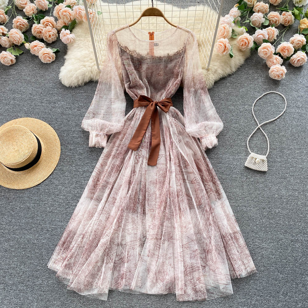 Summer and Bandage for Dresses Women Elegant Spring Vintage Gown Line and Coastal featuring Sleeves Patterned Patchwork Lantern Mesh with and A Party Dress