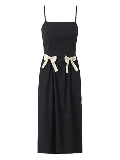 Black Bow Solid Charming Strap Midi Dress