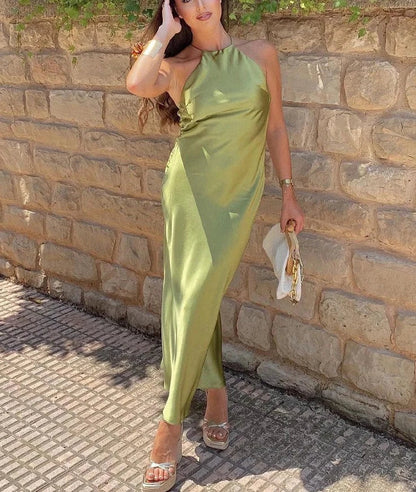 Satin Halter Stylish Backless Maxi Dress