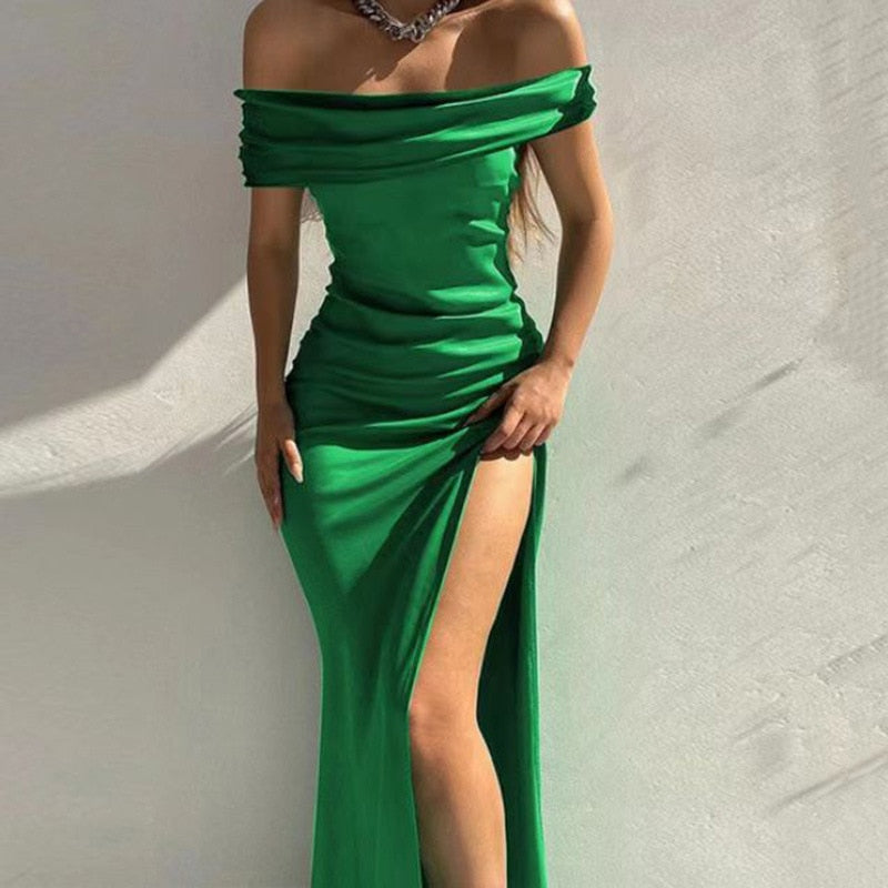 Slim Vestido Gown Solid Party Slit High Off Evening Elegant Prom Shoulder Femme