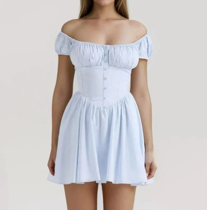 Blue Ruched Puff Charming Sleeve Elastic Mini Dress