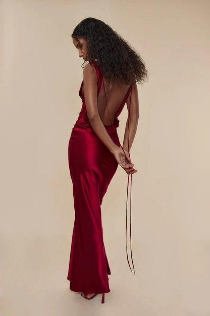 Satin Backless Tie Charming Up Maxi Dress