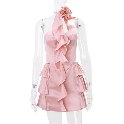 Satin Pink Corset Top Graceful And Ruffles Mini Skirt Set