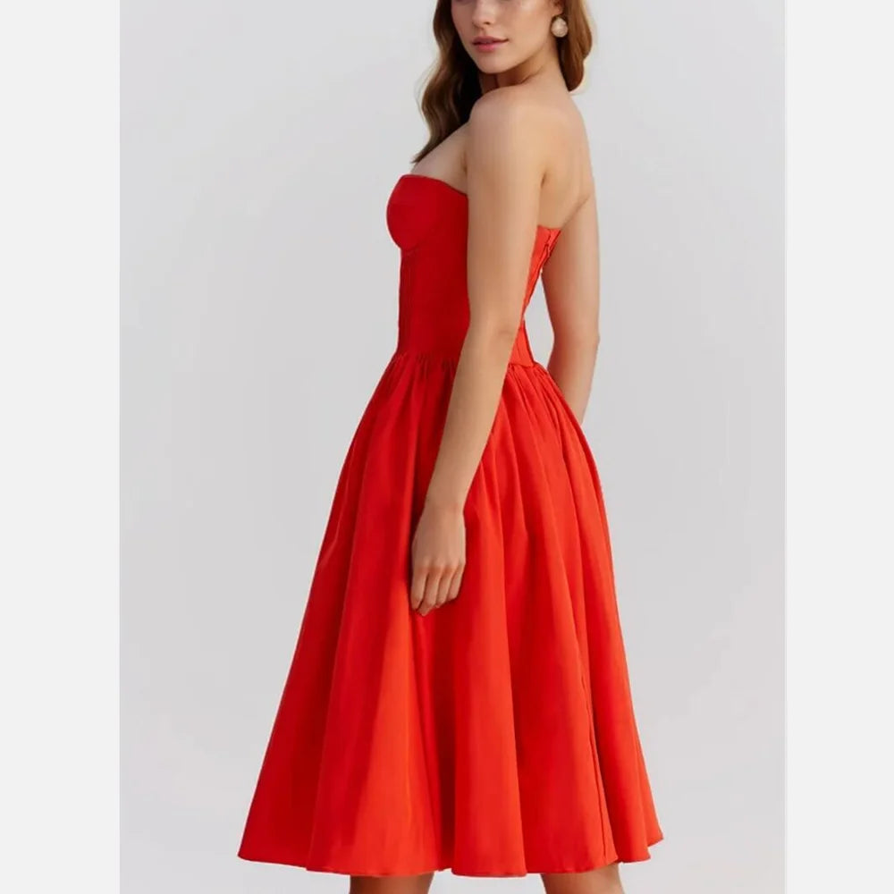 Red Bustier Pleated Charming Flare Midi Dress