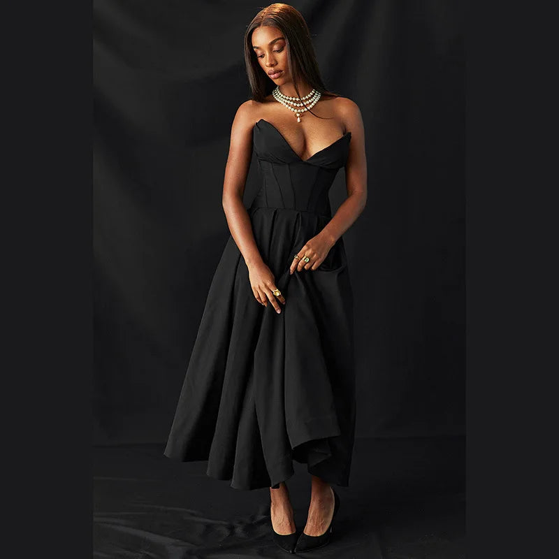 Black Deep Neck Charming Strapless Frill Midi Dress