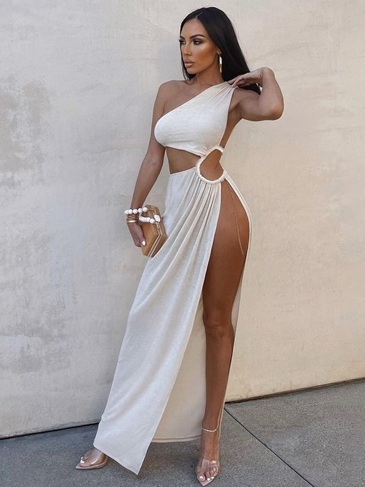 White Shoulder Parties - Women for Split Gown One for Gown and Full-Length Warm-Season Elegant Long Beachwear