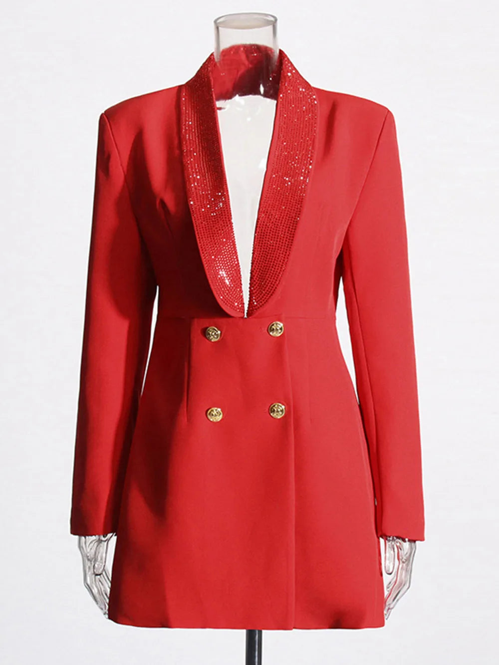 Red Sequin Collar Charming Open Back Blazer Dress