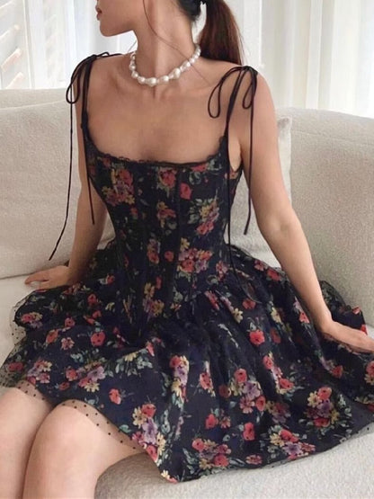 Black Floral Print Tie-Up Graceful Corset Frill Mini Dress