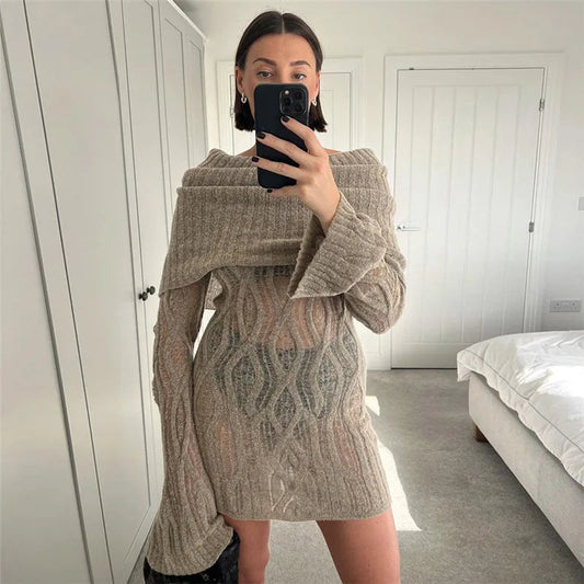 Sheer Knitted Stylish Off-Shoulder Mini Dress