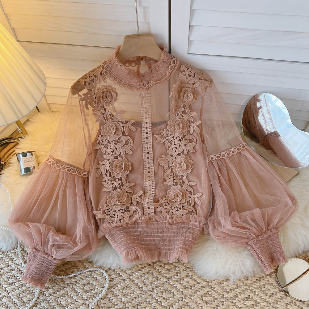 3D Blouse Top Lace Mesh Shirts Spring Lantern Elegant Arm Blusas Women Sheer Flowered Femininas