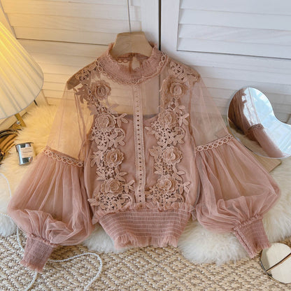 3D Blouse Top Lace Mesh Shirts Spring Lantern Elegant Arm Blusas Women Sheer Flowered Femininas