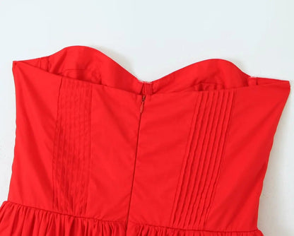 Red Bustier Pleated Charming Flare Midi Dress