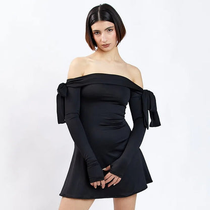 Black Off-shoulder Bow Charming Long Sleeve Mini Dress