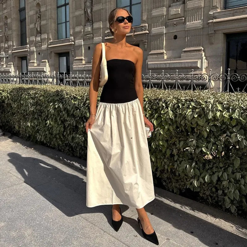 Black And White Charming Colorblock Tube Maxi Dress