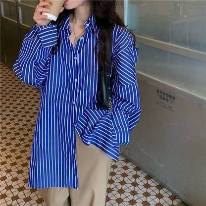 Women Long Tops Arm Casual Vintage Shirts Chic Deeptown Blouses Striped Office Fashion Korean Wear