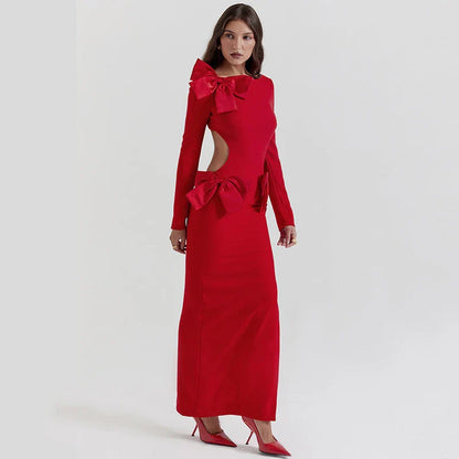 Red Bow Hollow Out Graceful Back Long Sleeve Maxi Dress