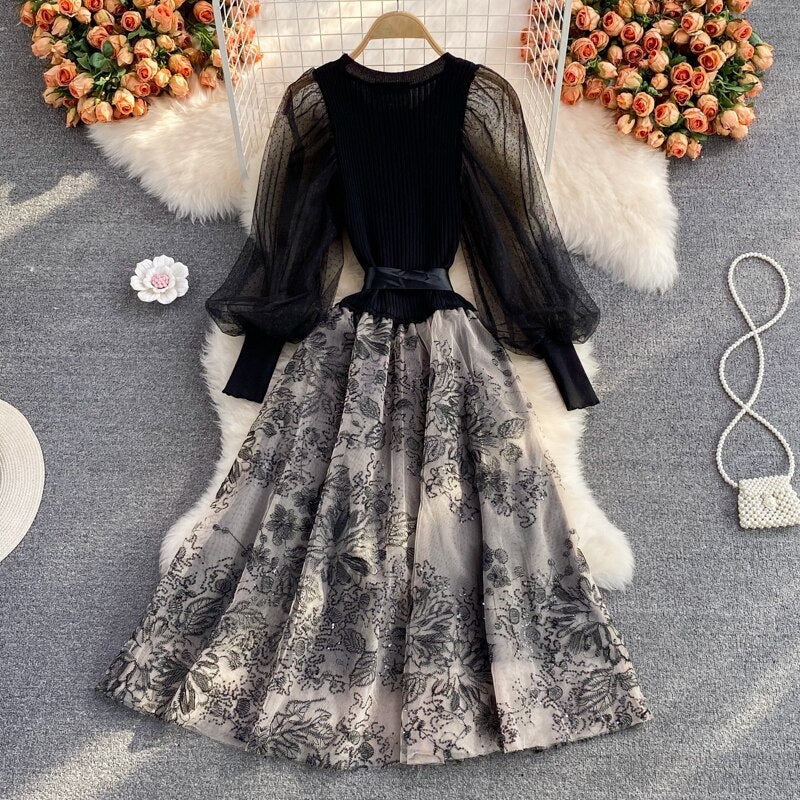 Vintage Gown Printing Round Puff Gown Ladies Bandage Knitted A Party Neck Mesh Arm Stitching Elegant Women's Line Dress