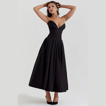 Black Deep Neck Charming Strapless Frill Midi Dress