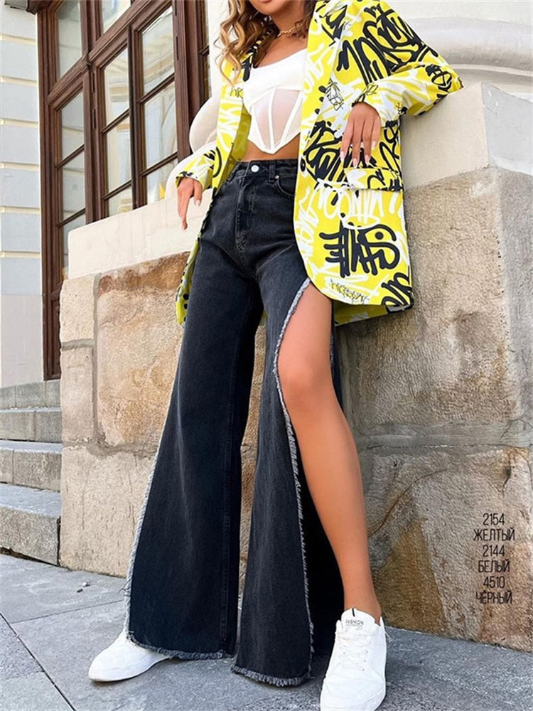 Warm-Season Y2K Cargo Split Black Long Leg Waisted Side Out Wide Pants Loose Women's High Streetwear Casual Baggy Jeans