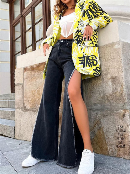 Warm-Season Y2K Cargo Split Black Long Leg Waisted Side Out Wide Pants Loose Women's High Streetwear Casual Baggy Jeans