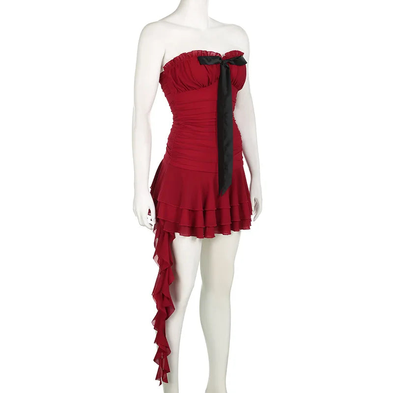 Red Tube Ruched Charming Bow Mini Dress