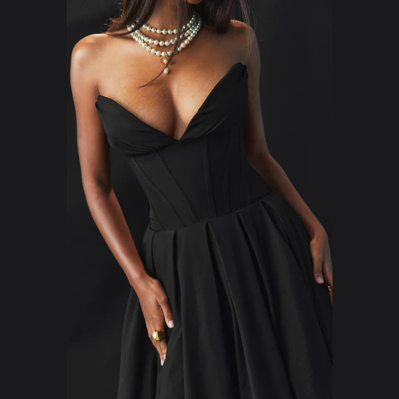 Black Deep Neck Charming Strapless Frill Midi Dress