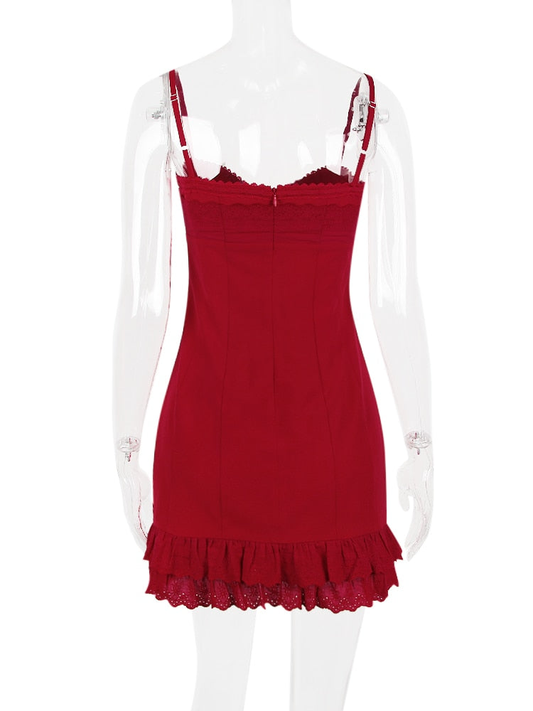 Red Lace Patchwork Charming Buttoned Mini Dress