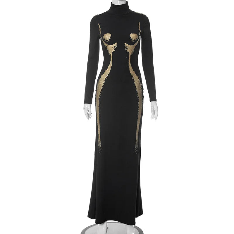 Black Long Sleeve Metallic Graceful 3D Body Print Maxi Dress