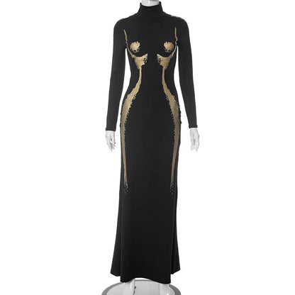 Black Long Sleeve Metallic Graceful 3D Body Print Maxi Dress