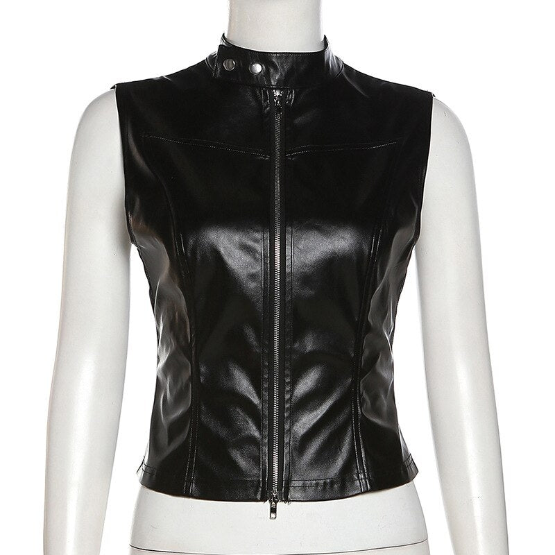 Black Pu Leather Charming Moto Zipper Tank Top