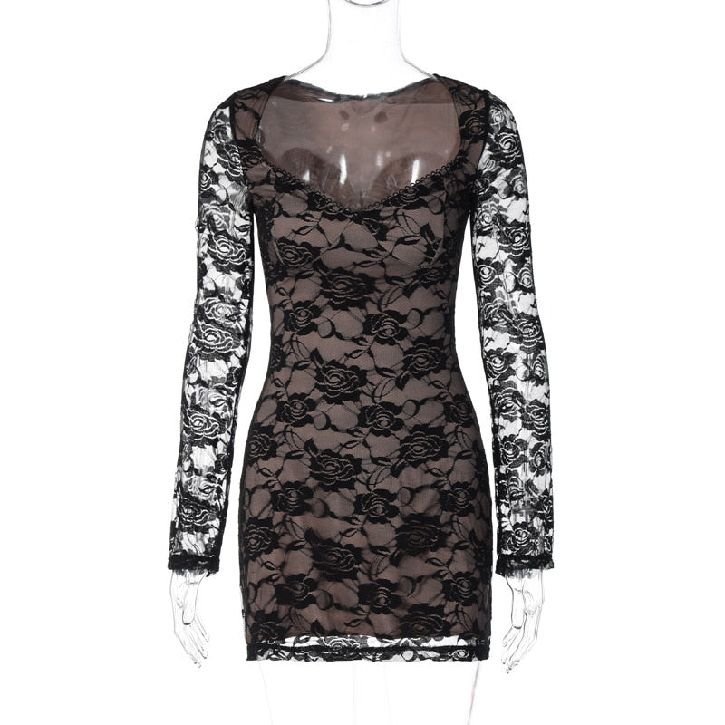 Black Lace Layered Charming Long Sleeve Mini Dress