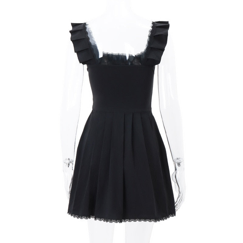 Black Corset Square Neck Graceful Frill Strap Mini Dress