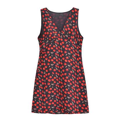 Black Cherry Print Charming Halter Mini Dress