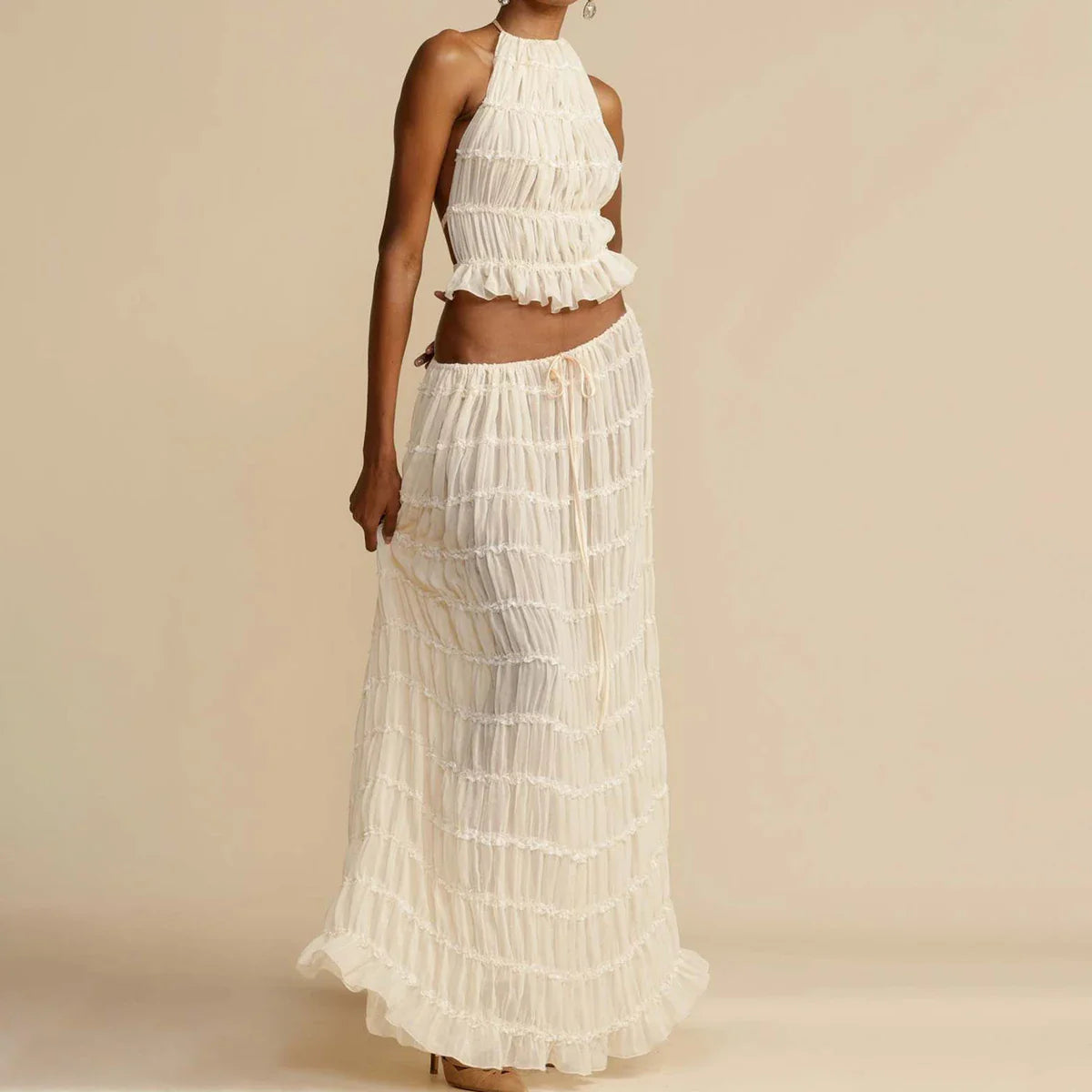 Ruched Halter White Top Graceful And Maxi Skirt Set