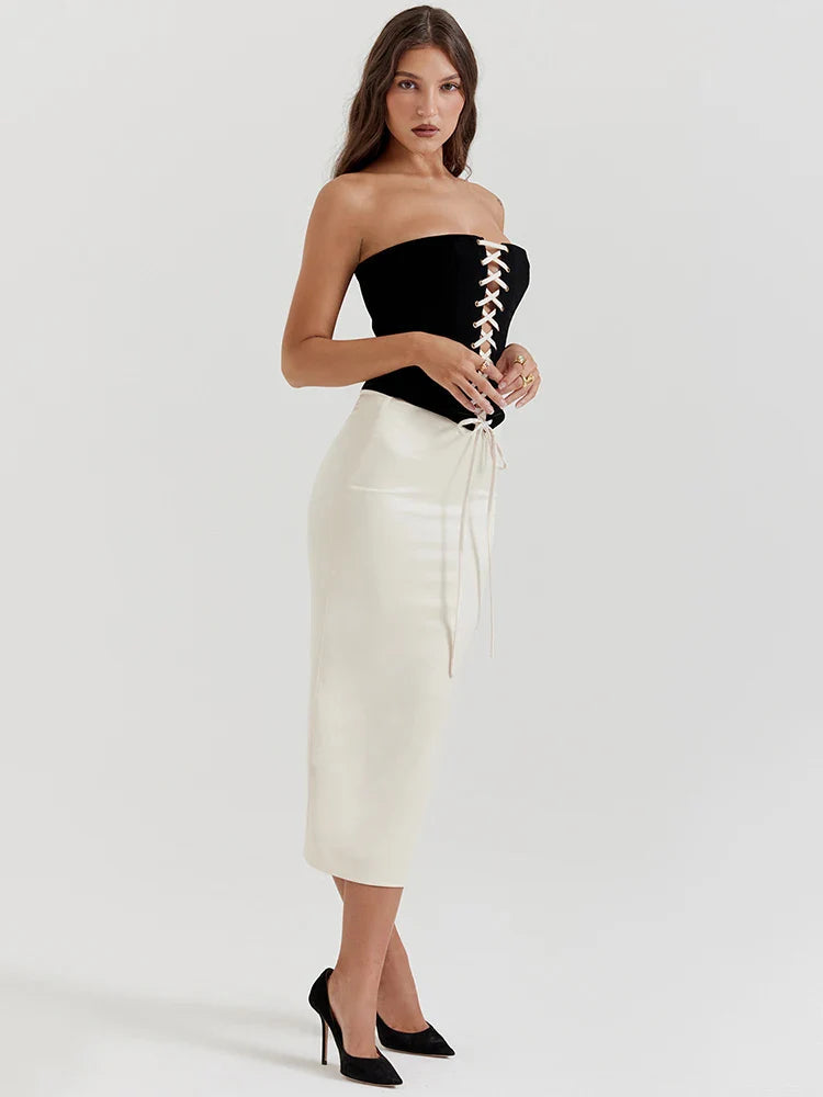 Black Lace Up Corset Top Trendy And White Satin Midi Skirt Set