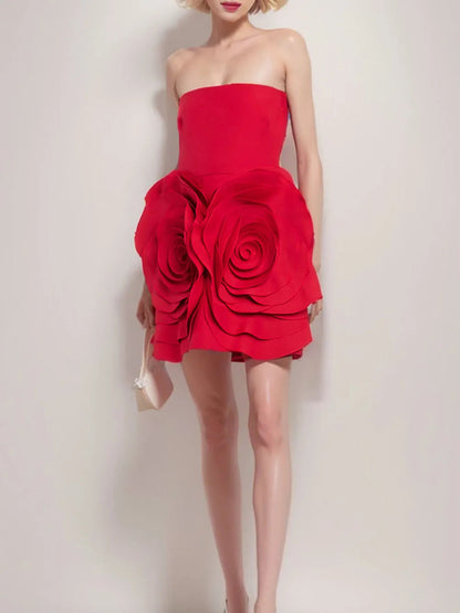 Red Strapless 3D Charming Big Flower Mini Dress