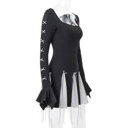 Black Long Sleeve White Graceful Frill Patchwork Bow Mini Dress