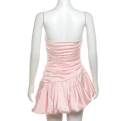 Satin Ruched Stylish Puff Mini Dress