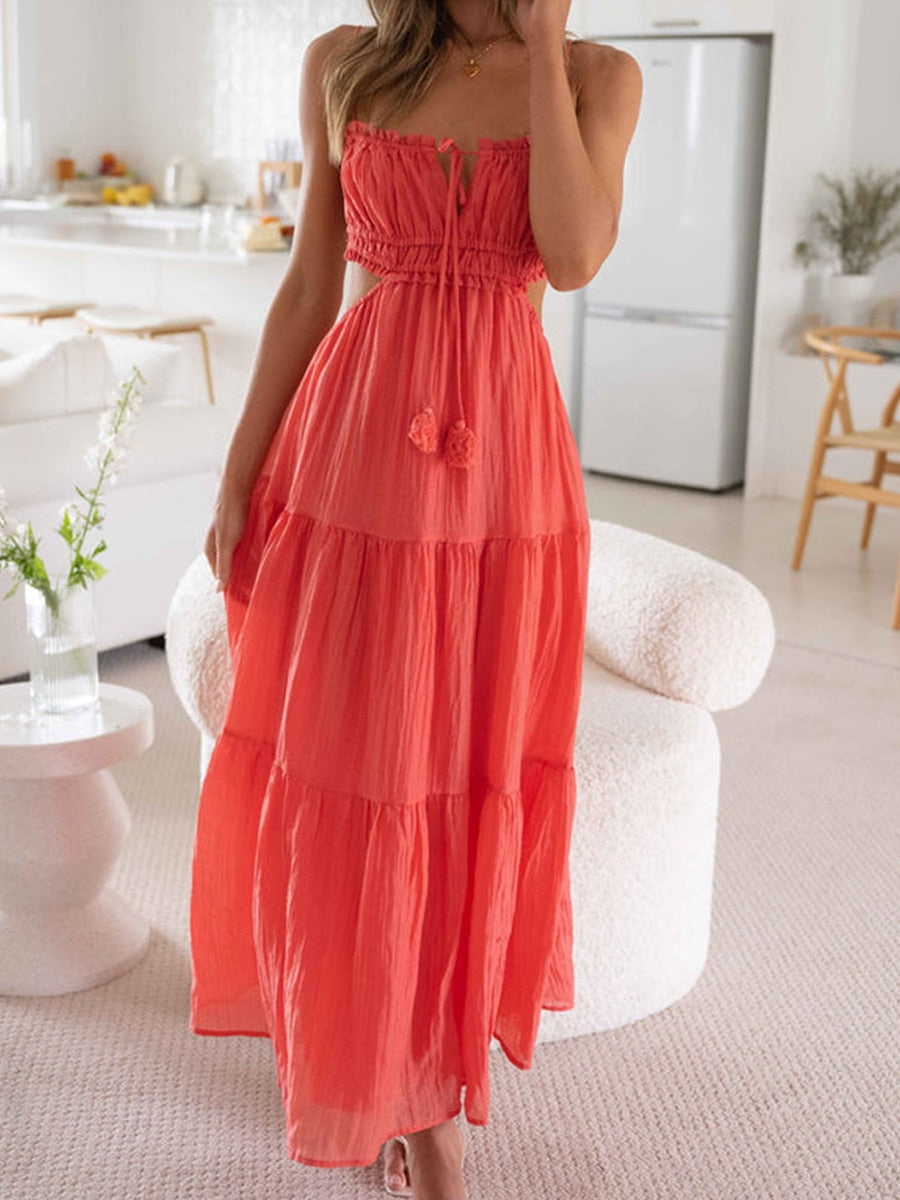 Ruched Tie-Up Stylish Strappy Maxi Dress