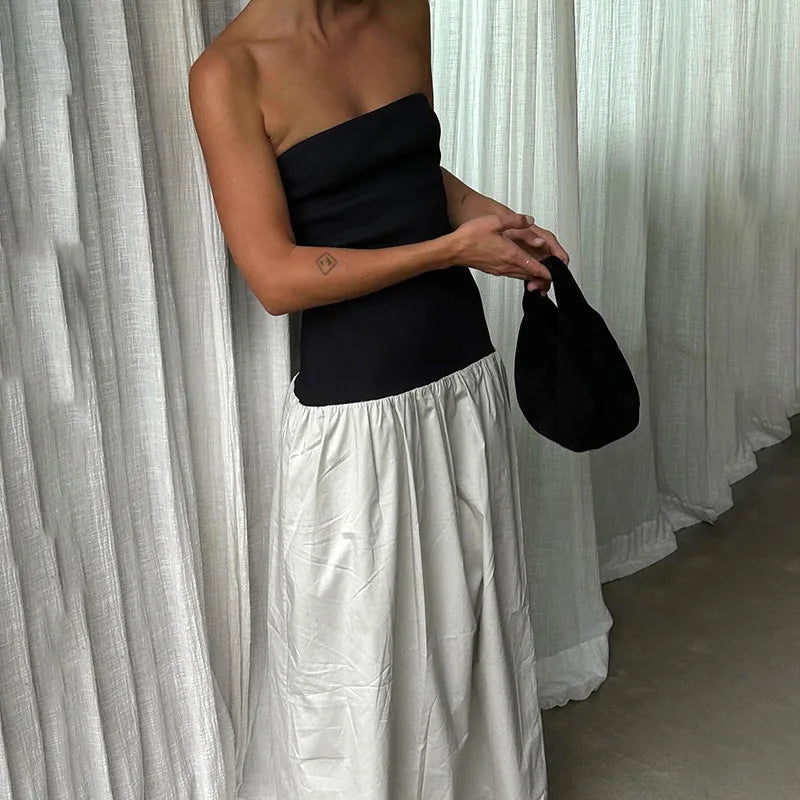 Black And White Charming Colorblock Tube Maxi Dress