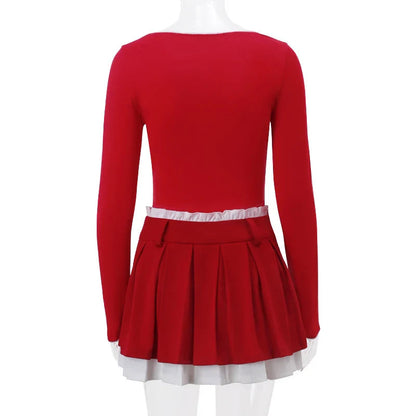 Red Long Sleeve Top Graceful And Pleated Mini Skirt Set