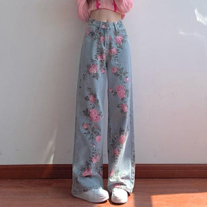 Wide High Waist Flowered Leg Jeans