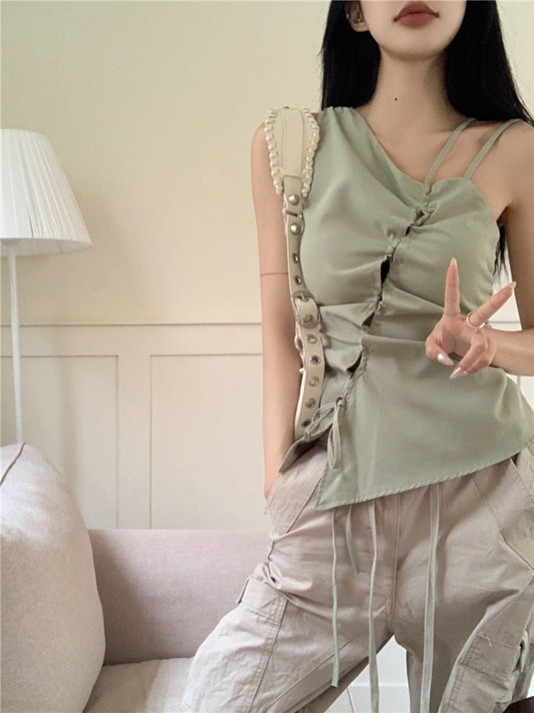 Bandage Tank Top Casual Tee Elegant Fashion Camisole Irregular Blouse Off Warm-Season Shoulder Women Crop Korean Sweet Y2k 2024