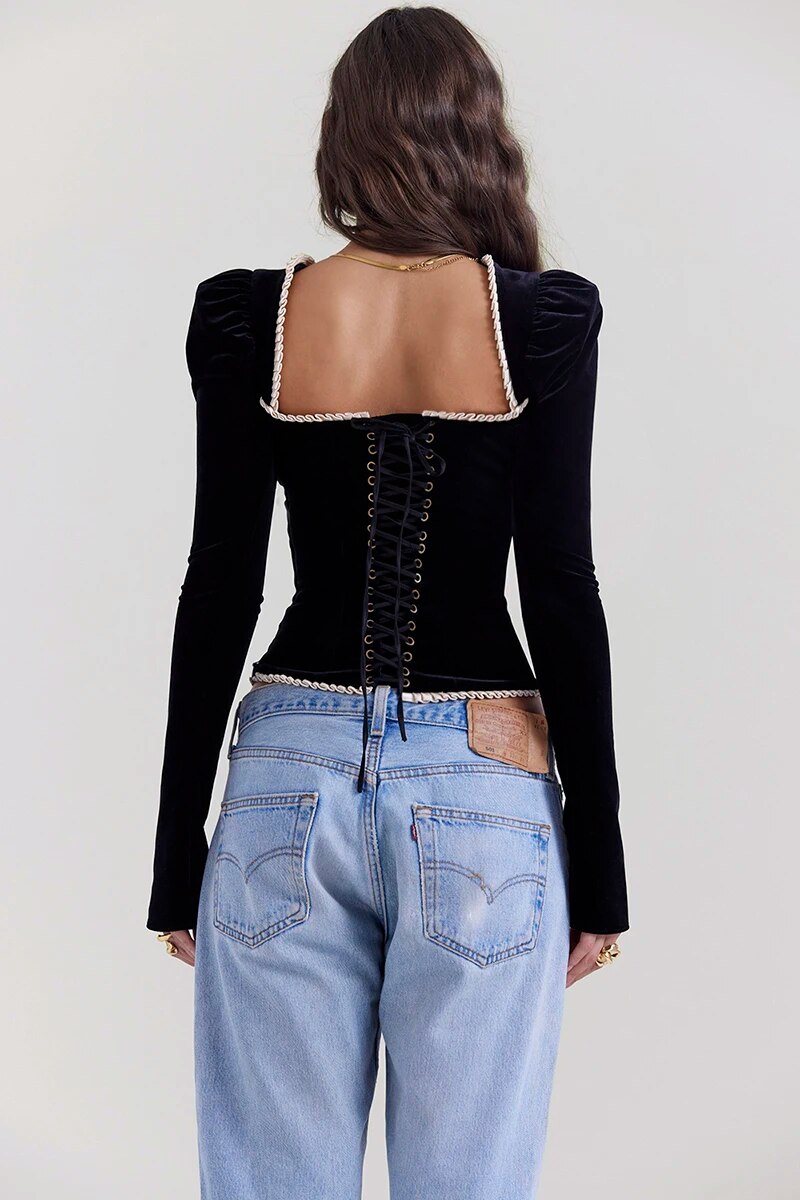 Black Long Sleeve Square Graceful Neck Corset Tie Up Top