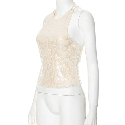 Beige Sequin Stylish Tank Top