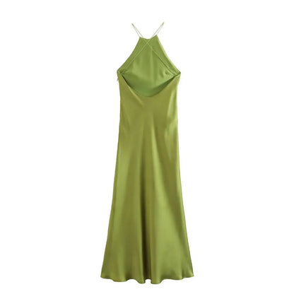 Satin Halter Stylish Backless Maxi Dress