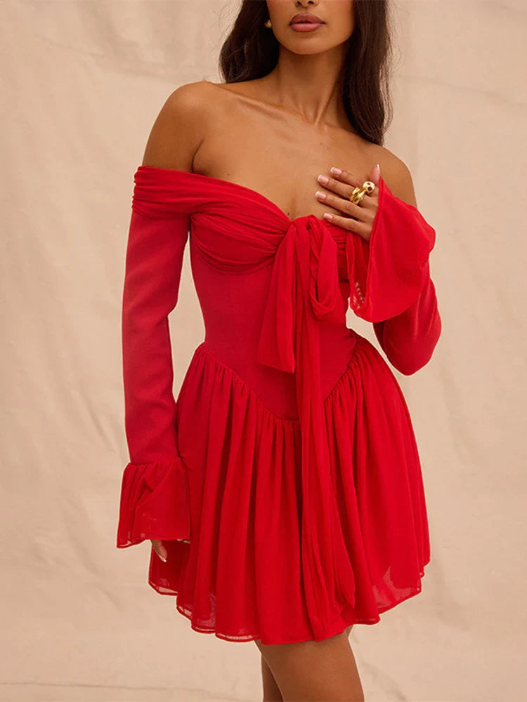 Red Off-Shoulder Stylish Frill Mini Dress